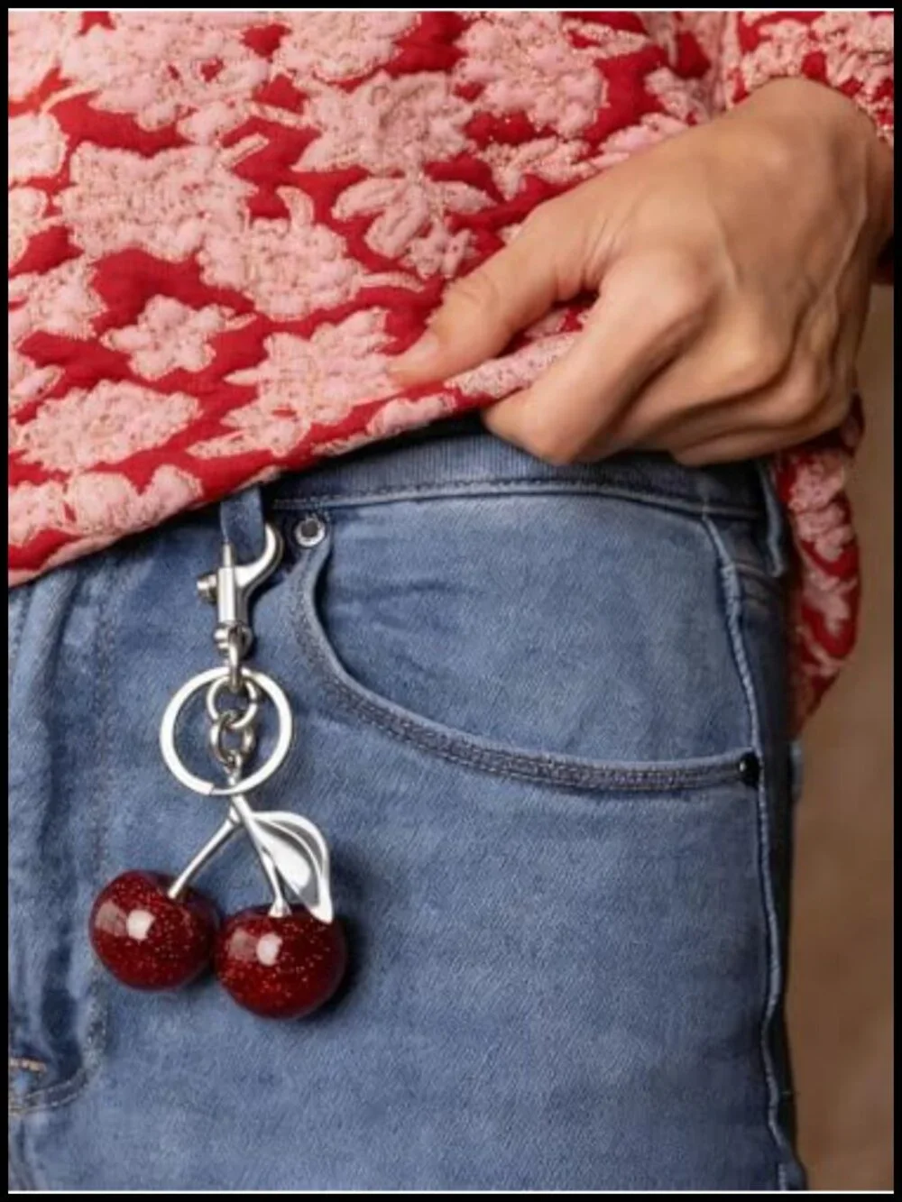 Cherry Bag Charm Keychain with Sparkling Glitter Resin & Gold Tone Hardware